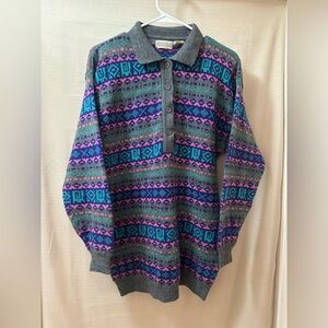 Vintage Sorrento Women’s Knit Sweater L | Collared 90s Geometric Pattern